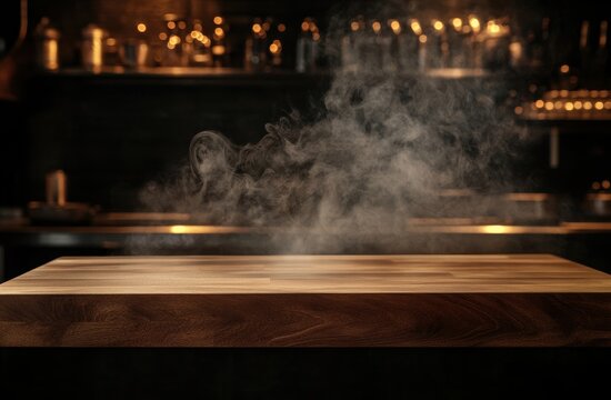 Empty wooden bar counter top with smoke