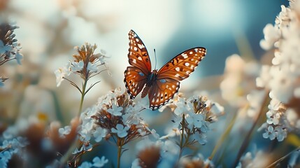 Butterfly resting on a cluster of delicate white flowers in soft sunlight.