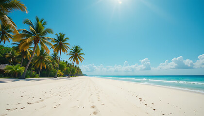 Tropical Beach with Palm Trees and Footprints