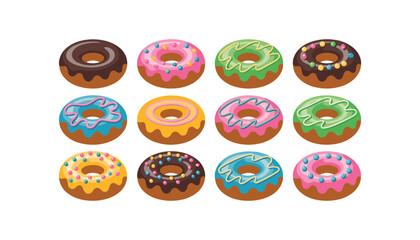Colorful Cartoon Donut Icon Set – Assorted Frosted and Decorated Doughnuts