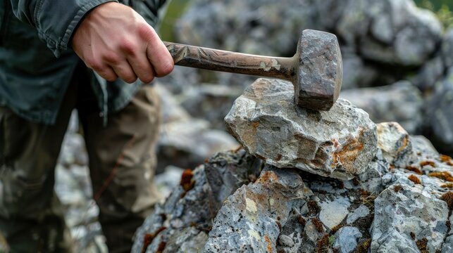 Person holding a rock hammer on field trip. stock photo --ar 16:9 --raw --v 6 Job ID: 5142dbd5-8cdb-4a5f-a41d-79c012181110