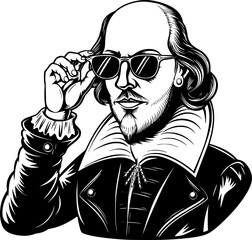 Cool William Shakespeare Vector Illustration – Rockstar Style Bust in Sunglasses , Black and White Retro Pop Culture Icon
