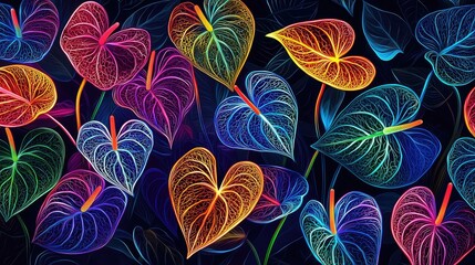 Vibrant, colorful leaves pattern on a dark background.