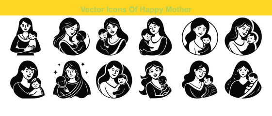 Vector art design set shows a Happy Mother icon in silhouette on white and black backgrounds. Vector illustration set of abstract shapes and symbols featuring a Happy Mother. Happy Mother's Day.