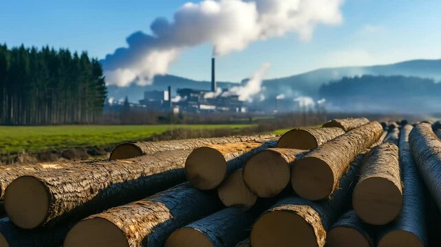 A factory emitting thick smoke sits in the background of a clear-cut forest, with piles of logs in the foreground, highlighting the relationship between industrial expansion and fo