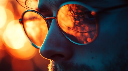 Person wearing round glasses reflecting blurred orange and dark background.