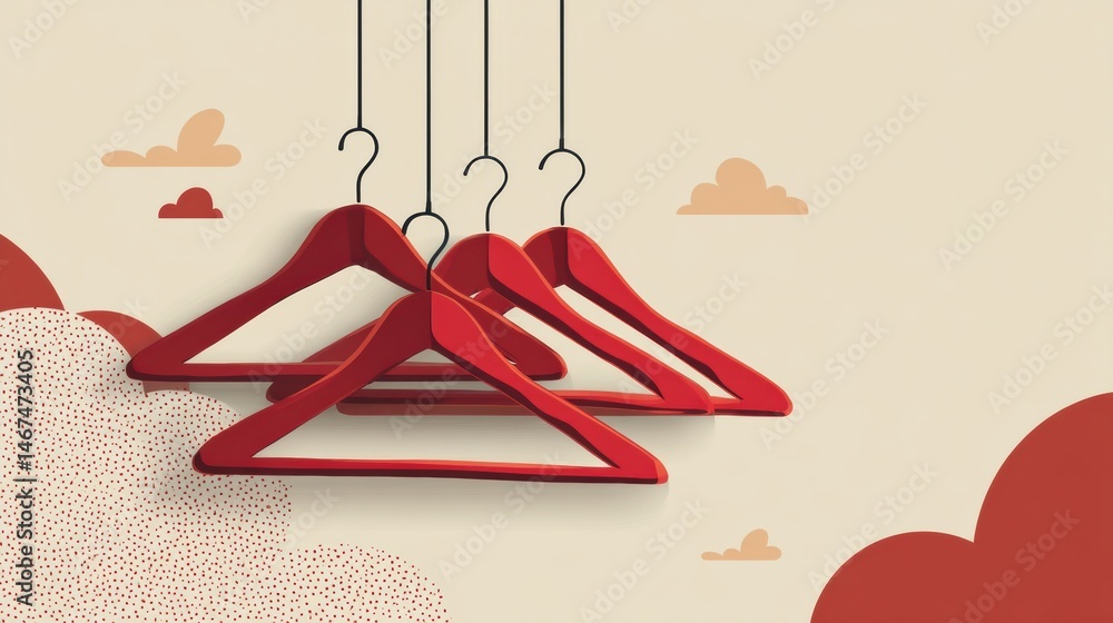 Poster minimalist illustration of hanging red hangers in a cozy setting with pastel clouds and a soft backg