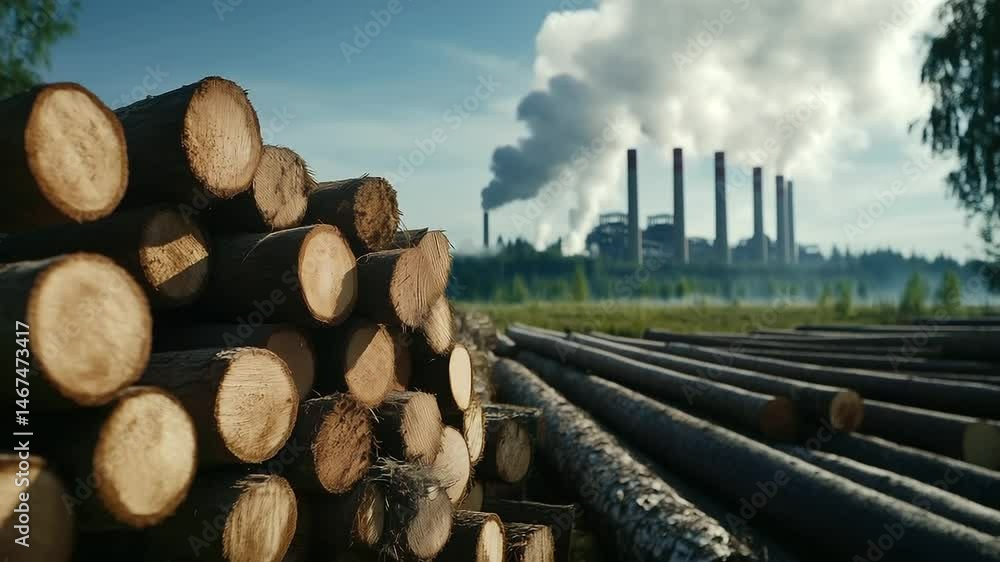 Poster a wide shot of a forest clearing with massive stacks of logs in the foreground and a factory with la