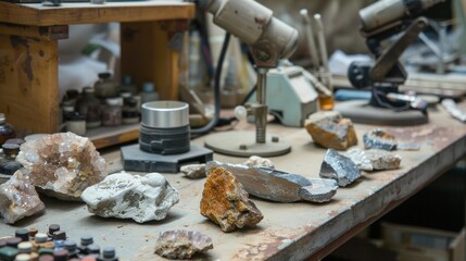 Lab setup for rock and mineral testing. stock photo --ar 16:9 --raw --v 6 Job ID: 93f848be-dd9f-4bc3-9aa6-b7c446633aaa