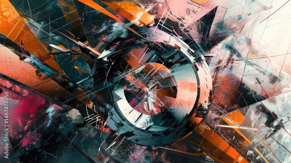 Poster abstract of digital shape and particle with horror cyber style design connecting become system shape
