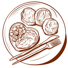 Sweet breakfast with fried cheesecakes, fresh blueberries and cream, served with fork and knife, drawn in sketch style 