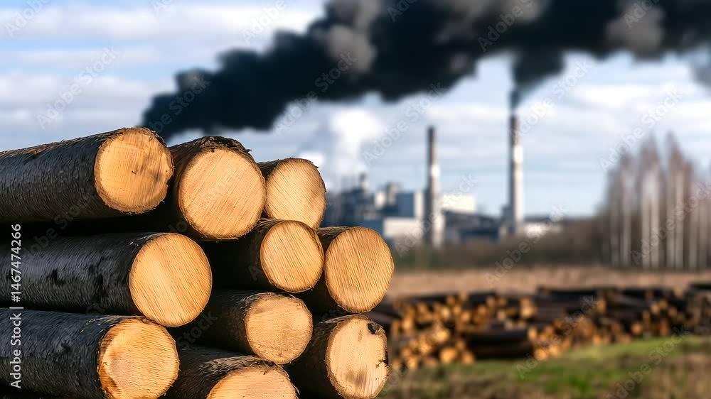 Poster a powerful composition with cut logs dominating the foreground and a factory in the background emitt