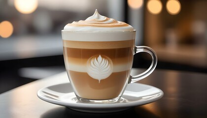 A close-up shot of a delicious and layered latte with milk foam in a clear glass cup on a saucer.