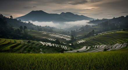 Rice Terraces Landscape with Mountain Backdrop and Morning Mist