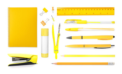 Pens and other different stationery isolated on white, set. Top view
