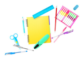 Pens and other different stationery in air isolated on white, set