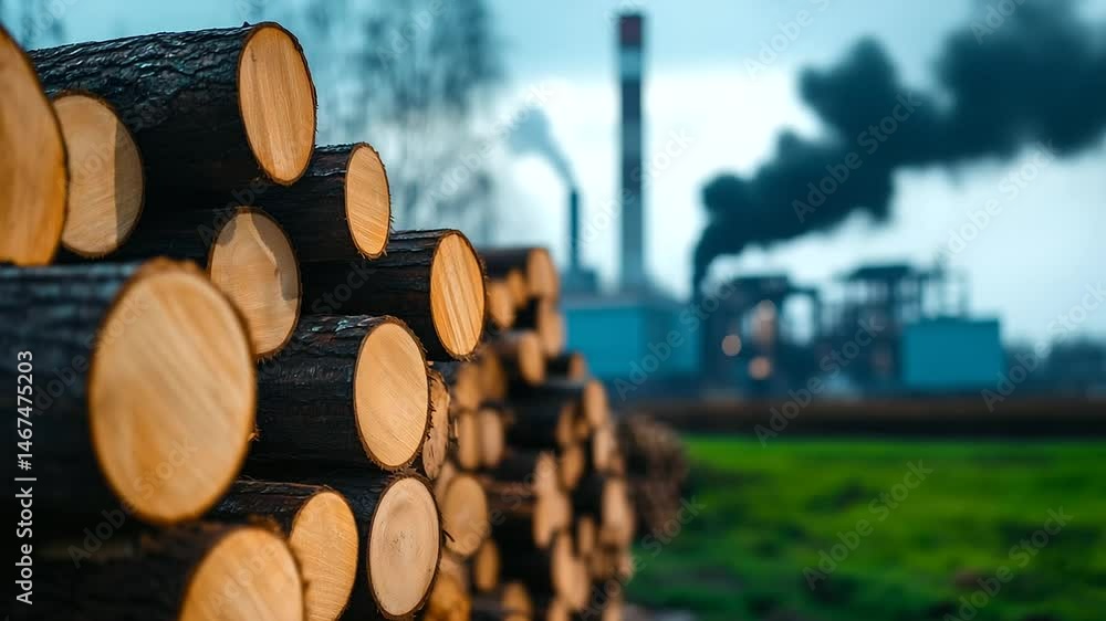Poster a contrast of nature and industry with logs neatly piled in the foreground, and a factory with dark 