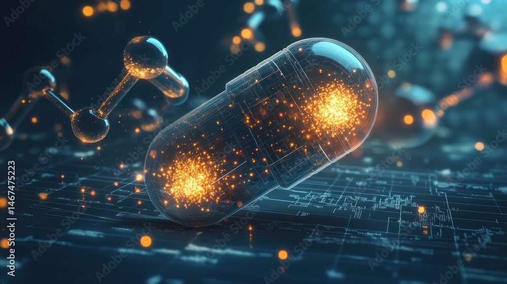 Poster glowing capsule surrounded by molecular structures and data