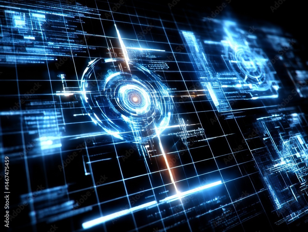 Poster Futuristic Digital Interface: Glowing Blue Data Stream on Black Grid, Data Analysis, and Visualized Information Technology.