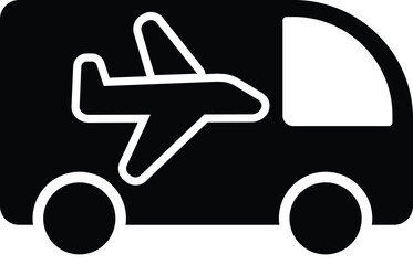 Black 2D vector icon of airport shuttle bus used in travel and adventure-related designs