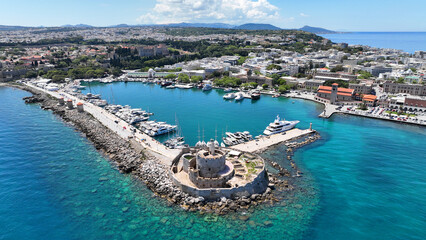 Aerial drone photo of scenic Saint Nicholas Fortress built in main waterfront of Mandraki near...
