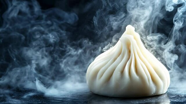 Steamed dumpling with dramatic smoke on dark background, copy space