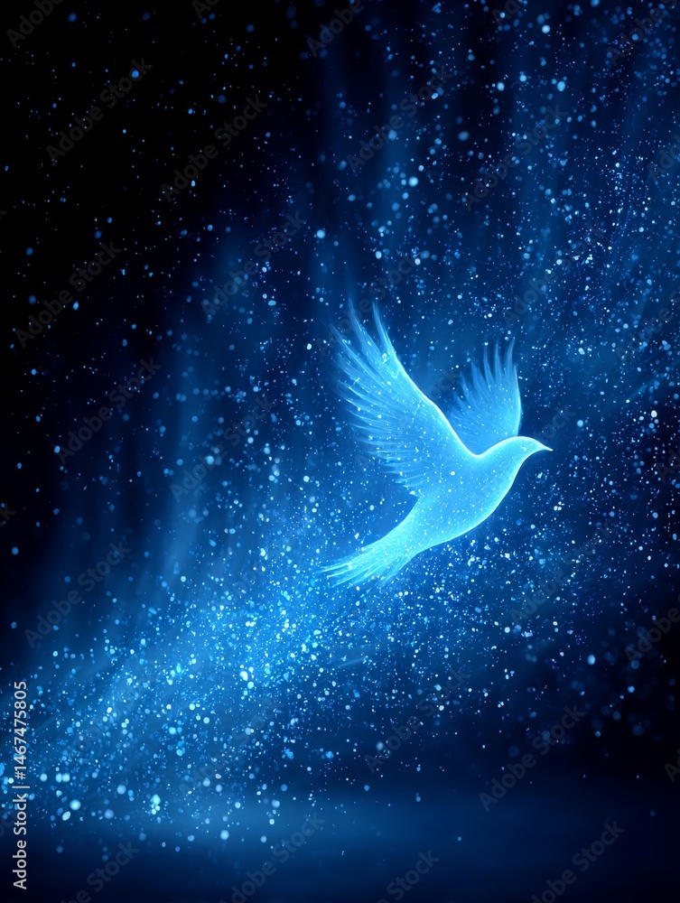 Poster luminous flight: a glowing blue dove soaring through a galaxy of sparkling particles in a dark, myst