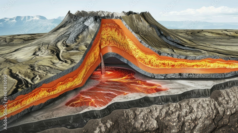 Poster cross-section of a volcano showing magma chambers. stock photo --ar 16:9 --raw --v 6 job id: 66a5a28