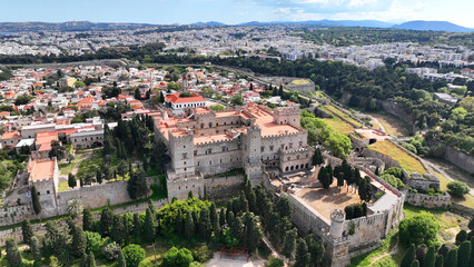 Fototapeta premium Aerial drone photo of scenic Palace of the Grand Master in old town of Rhodes island an unesco world heritage site, Rhodes island, Dodecanese, Greece
