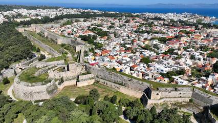 Aerial drone photo of iconic medieval fortified old town of Rhodos island an unesco world heritage site, Dodecanese, Greece