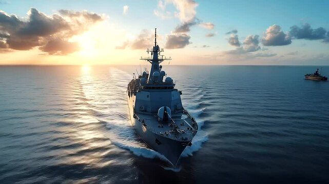 A powerful European warship in the foreground, with high-tech missile launchers clearly visible, stationed in calm open waters, reflecting global security and preparedness.