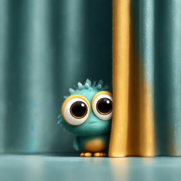 Peek-a-boo! A Curious Blue Fuzzball Hides Behind a Gold Curtain, Looking Out with Enormous Eyes, Making for a Cute and Whimsical Scene
