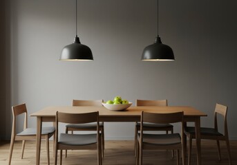 Dining room with two pendant lamps and a wooden table with green apples
