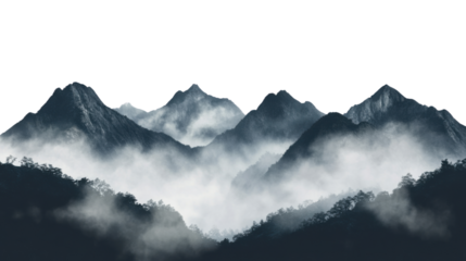 dark mountains with foggy valley on white background