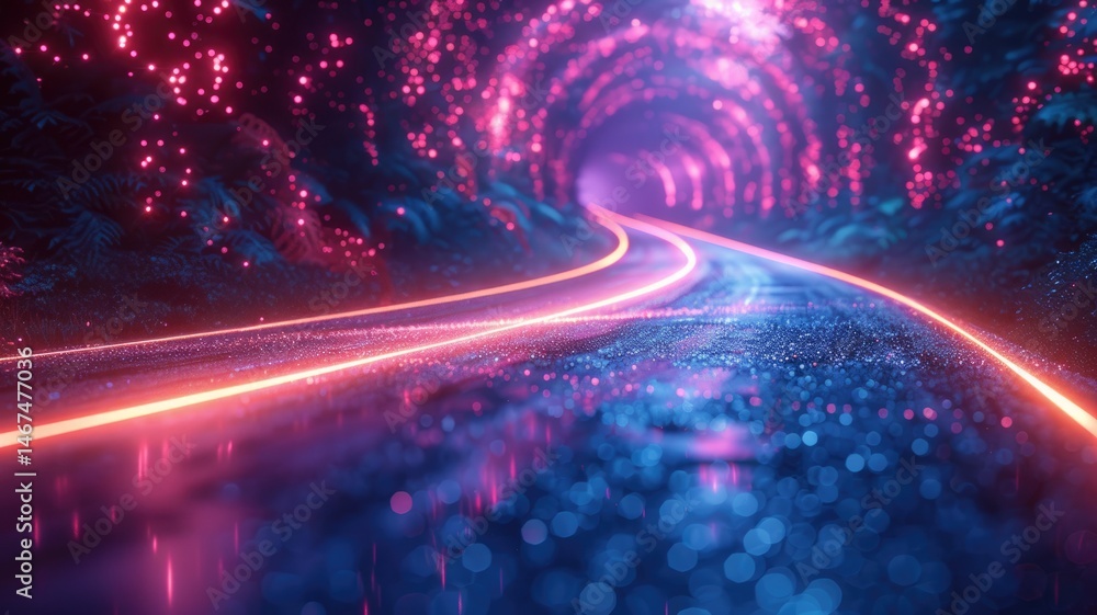 Poster futuristic tunnel with vibrant pink and blue lights. abstract artwork of starry sky and planet with 