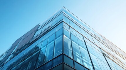 Modern glass building reflecting blue sky in urban setting