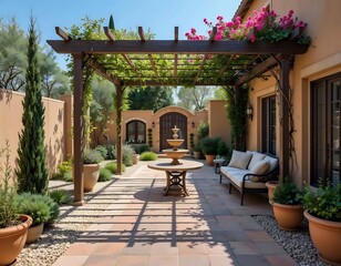 Fototapeta premium Mediterranean Courtyard with Pergola, Fountain, and Lush Plants