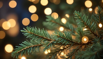 A serene close-up view showcasing a festive Christmas tree branch with bokeh lights.