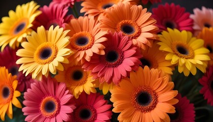 A stunning bouquet of colorful gerbera daisies blooms in bright, vibrant colors.