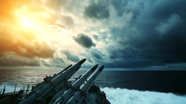 A dramatic close-up of missiles mounted on the deck of a European warship, against a backdrop of open ocean and dark clouds, illustrating naval defense readiness in global security