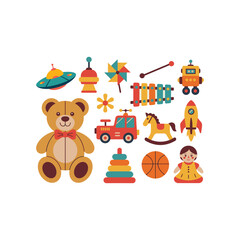 Playful Assortment: A vibrant collection of whimsical toys is arranged, each item brimming with youthful energy and inviting the viewer into a world of endless play.