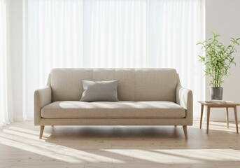 Elegant couch positioned against serene backdrop, enhanced by natural light flow