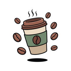 Cute Coffee Cup with Beans, Vector Illustration of Hot Takeaway Coffee 