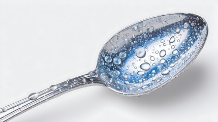 Silver Spoon with Water Droplets, Macro, Shiny, and Clean.