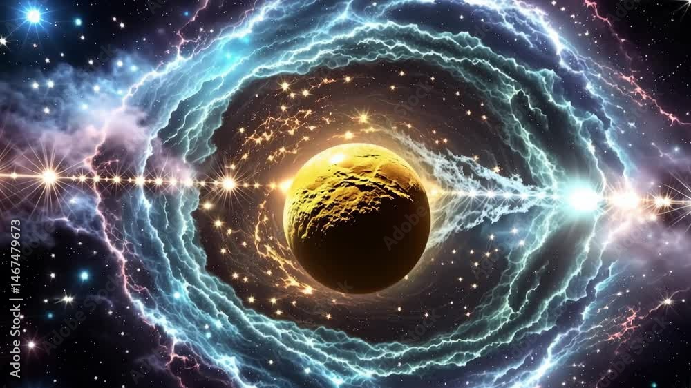 Poster the image depicts a mesmerizing cosmic scene featuring a glowing planet at the center, surrounded by