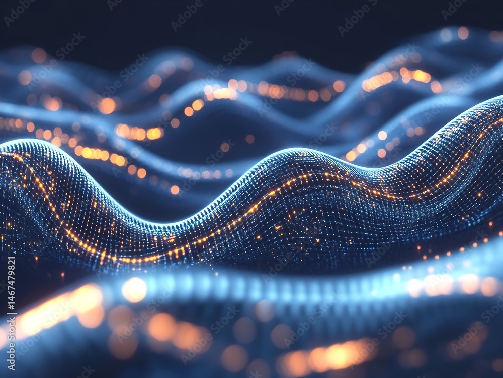 Poster abstract digital wave pattern with glittering particles and wavy surfaces