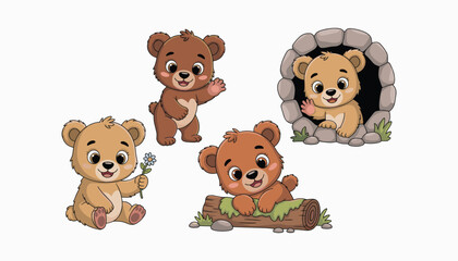 Cute Cartoon Bear Cubs in Various Poses , Vector Animal Set for Kids