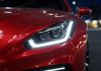 Close-up shot of a striking red sports car headlight at night in a city setting