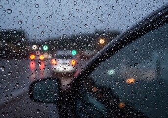 Close-up view of raindrops on a car window with blurred lights reflecting in the background