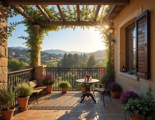 Scenic Terrace with Pergola and Mountain View at Sunset